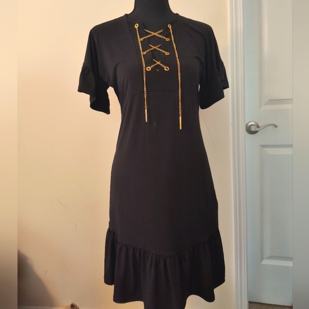 MICHAEL Michael Kors Ruffle Sleeve Gold Chain Detail Black Lace-Up Dress Size XS